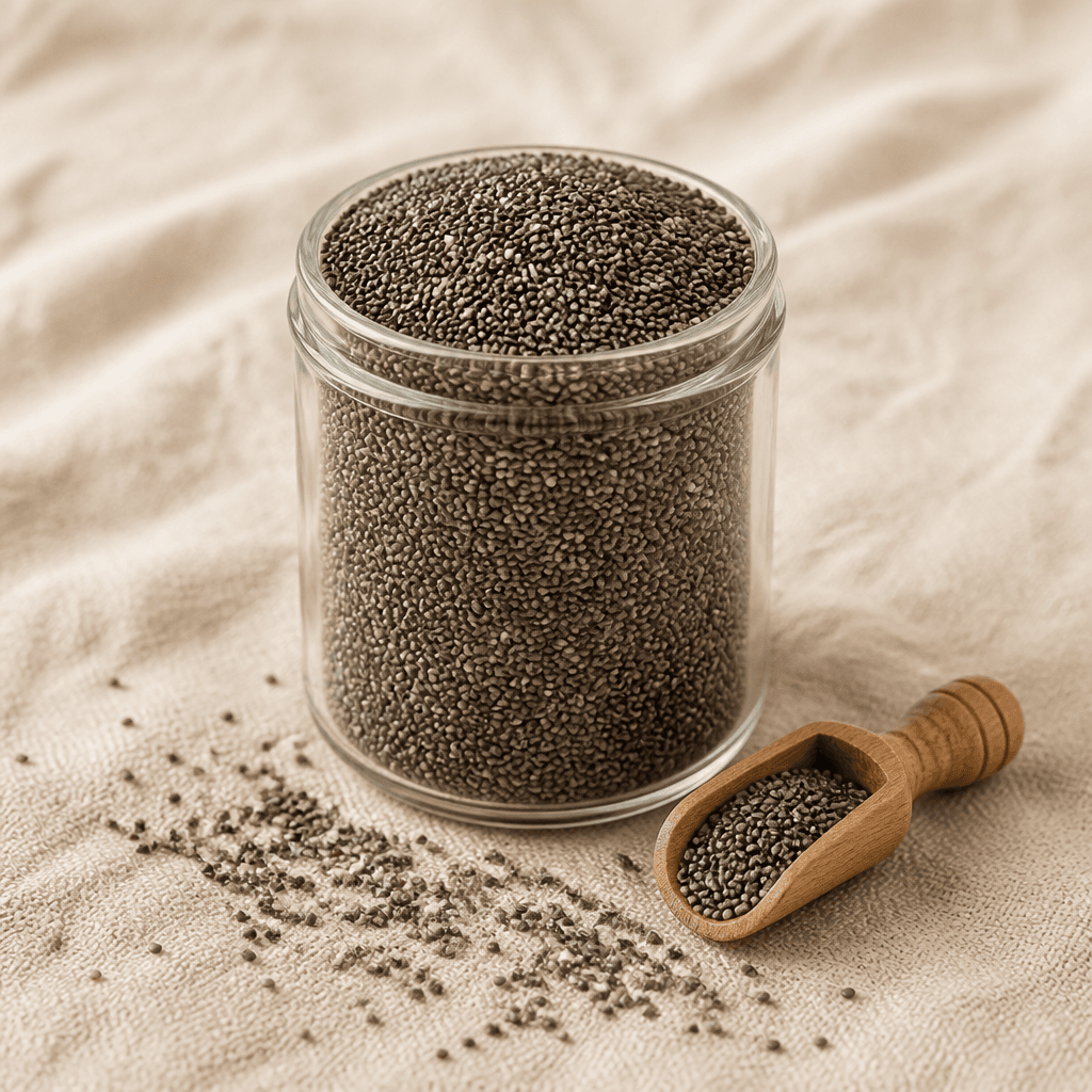 Fresh black chia seeds in a glass jar, packed by Nutroally